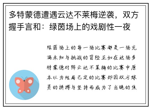 多特蒙德遭遇云达不莱梅逆袭，双方握手言和：绿茵场上的戏剧性一夜